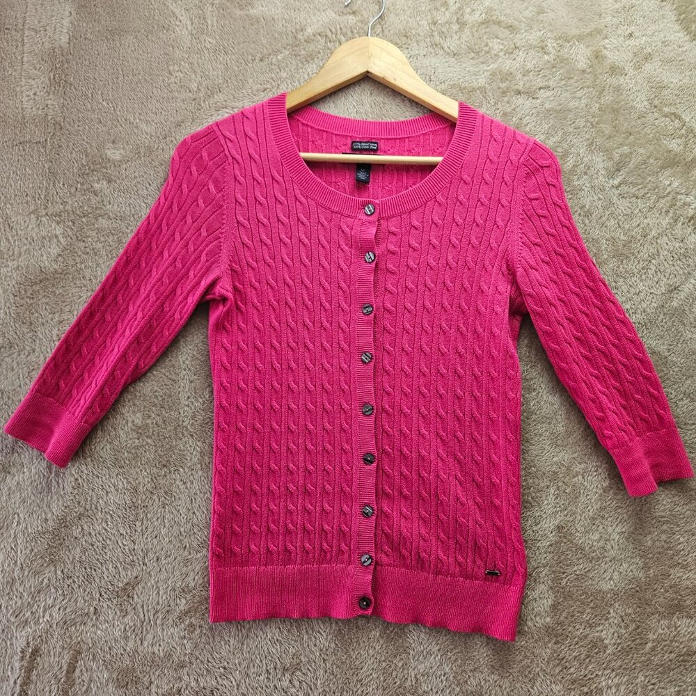 Tommy Hilfiger Pink Cable-Knit Cardigan Sweater 3/4 Sleeve Pima Cotton Size S